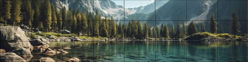 Tile mural of crystal-clear mountain lake with pine trees and snowy peaks – decorative ceramic tile